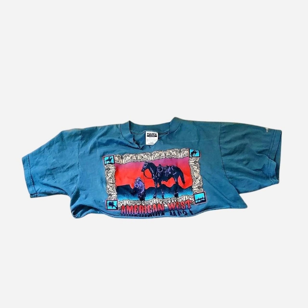 Cropped Vintage 1990s American West Tultex Turquoise Tee Size XL